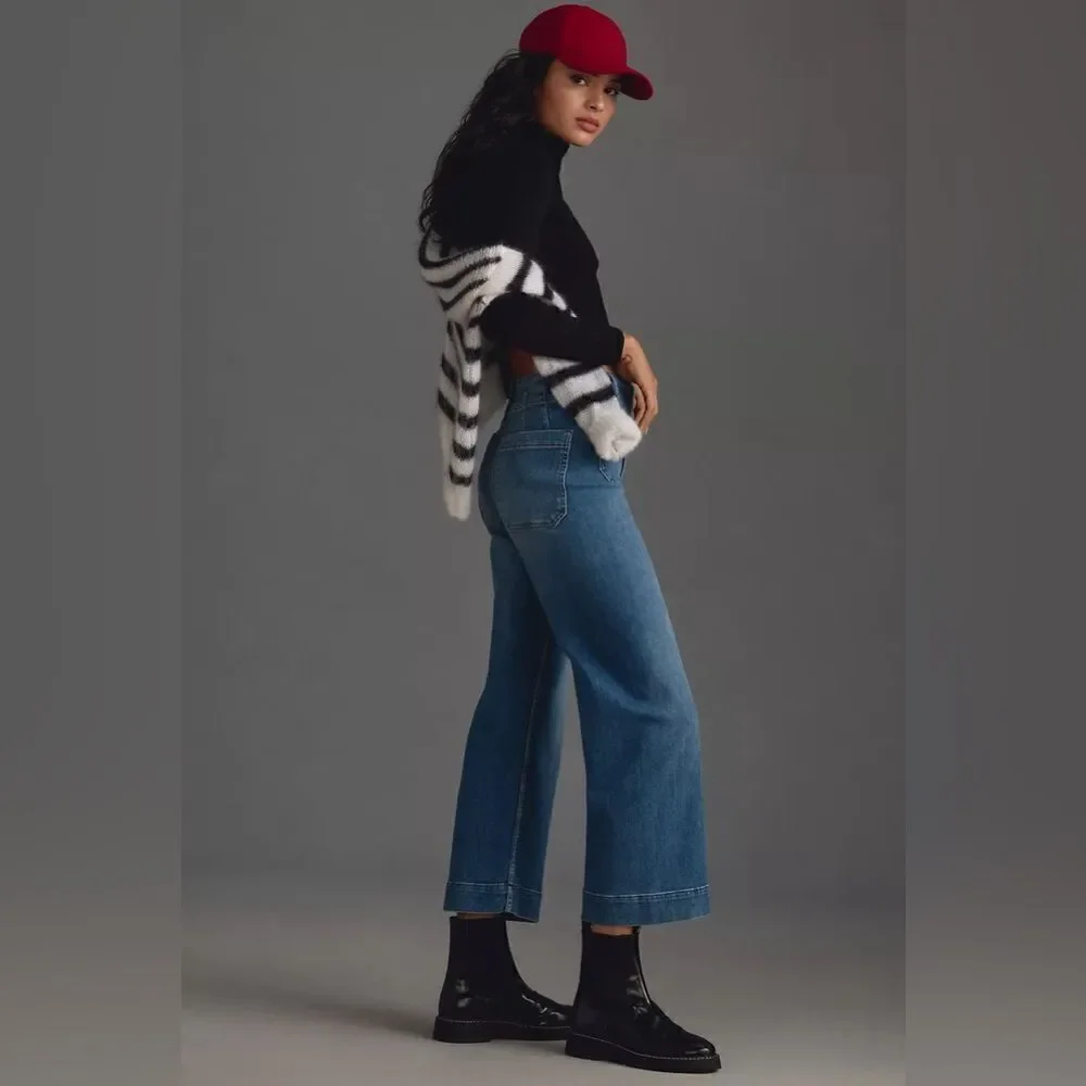 Anthropolgie Pilcro NWT The Skipper Cropped High-Rise Wide-Leg Jeans Med Blue 29